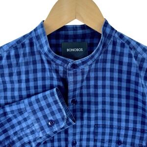 Bonobos Slim Fit Cotton Blue Gingham Mandarin Band Collar Shirt Mens Small Short